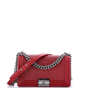 Chanel Old Medium Boy Flap Bag Chevron Calfskin with Micro Chain Detail